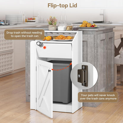 Trash Bin Cabinet, 10-Gallon Freestanding Waste Bin with Flip Door and Storage Rack, Indoor Wooden Hidden Garbage Cabinet, for Kitchen, Dinning, White