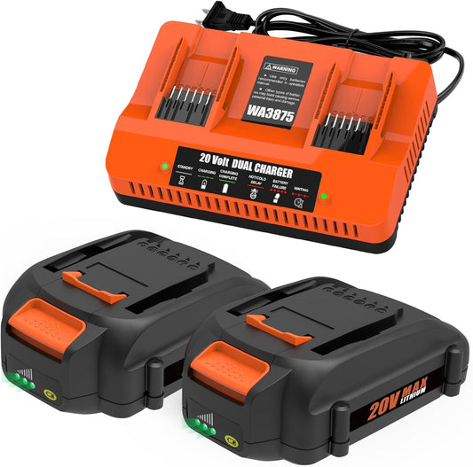 Orange dual battery charger with two black batteries on a white background