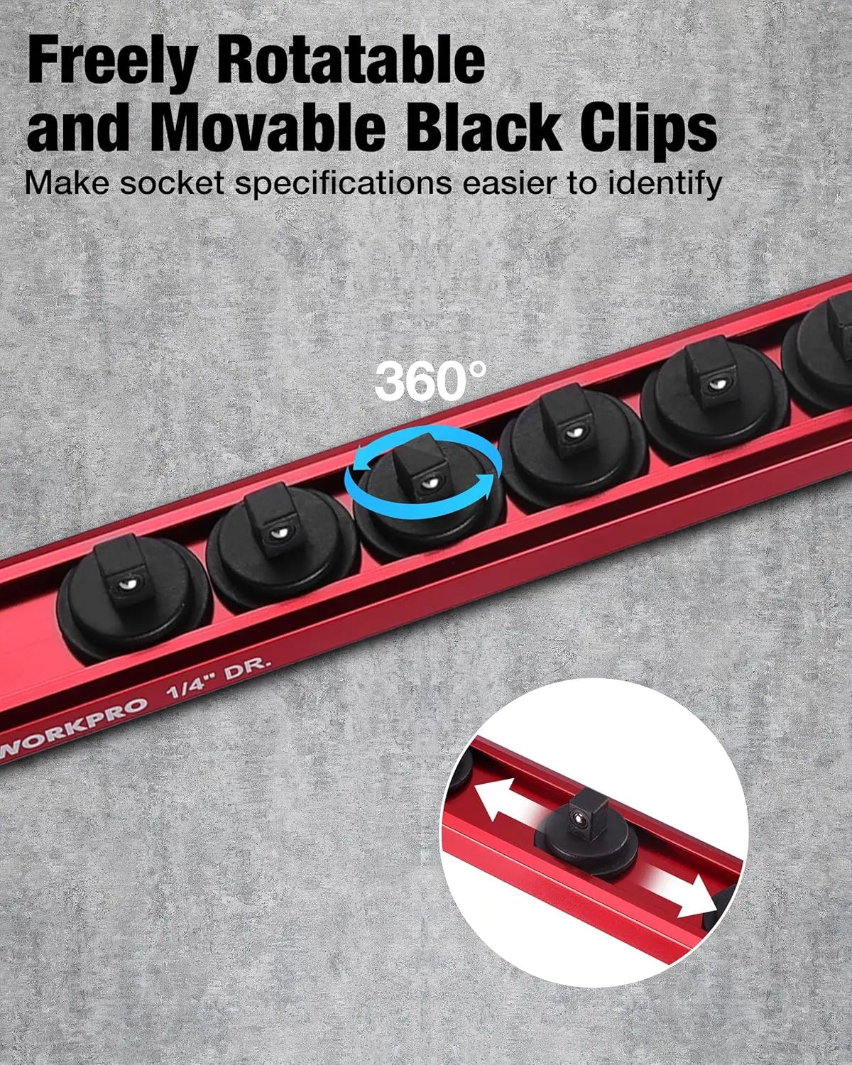 Magnetic Socket Organizer, 1/4" Drive Aluminum Alloy Socket Holder with 12PC Removable Socket Clips for Quick Customization, Socket Rail for Tool Box Drawer (Sockets Not Included)