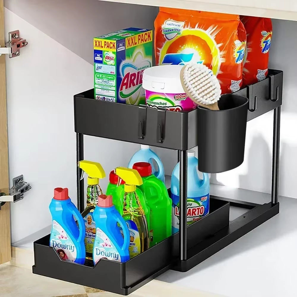 2 Tier under Sink Sliding Storage Basket Multifunctional Organizer Rack with Hooks Hanging Cup Space-Saving for Bathroom Kitchen