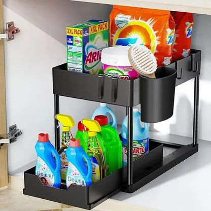 2 Tier under Sink Sliding Storage Basket Multifunctional Organizer Rack with Hooks Hanging Cup Space-Saving for Bathroom Kitchen
