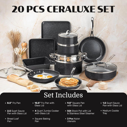 Granitestone 20 Pc Pots and Pans Set Non Stick, Pots and Pans Ceramic Cookware Set with Square Pan, Pot and Pan Set with Bakeware/Utensils, Non Stick Pots and Pan Set, Oven/Dishwasher Safe, Black