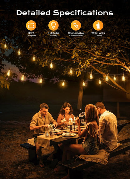 Outdoor ST38 LED string lights hung on a patio