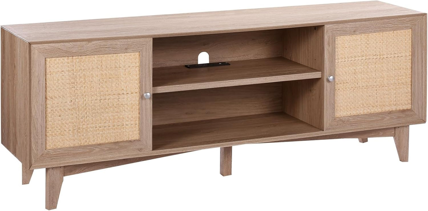 VEVOR Rattan TV Stand, Mid Century Modern TV Stand for 75 Inch TV, Boho Rattan TV Cabinet with Build-In Socket and USB Ports, Adjustable Shelfs for Living Room, Media Room, Oak