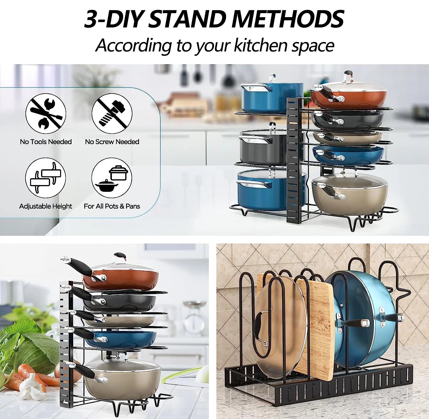 Maximize Your Kitchen Space with PHANCIR 8-Tier Adjustable Pots and Pans Organizer Rack - Heavy Duty Metal Design with Anti-Slip Silicone Pad!
