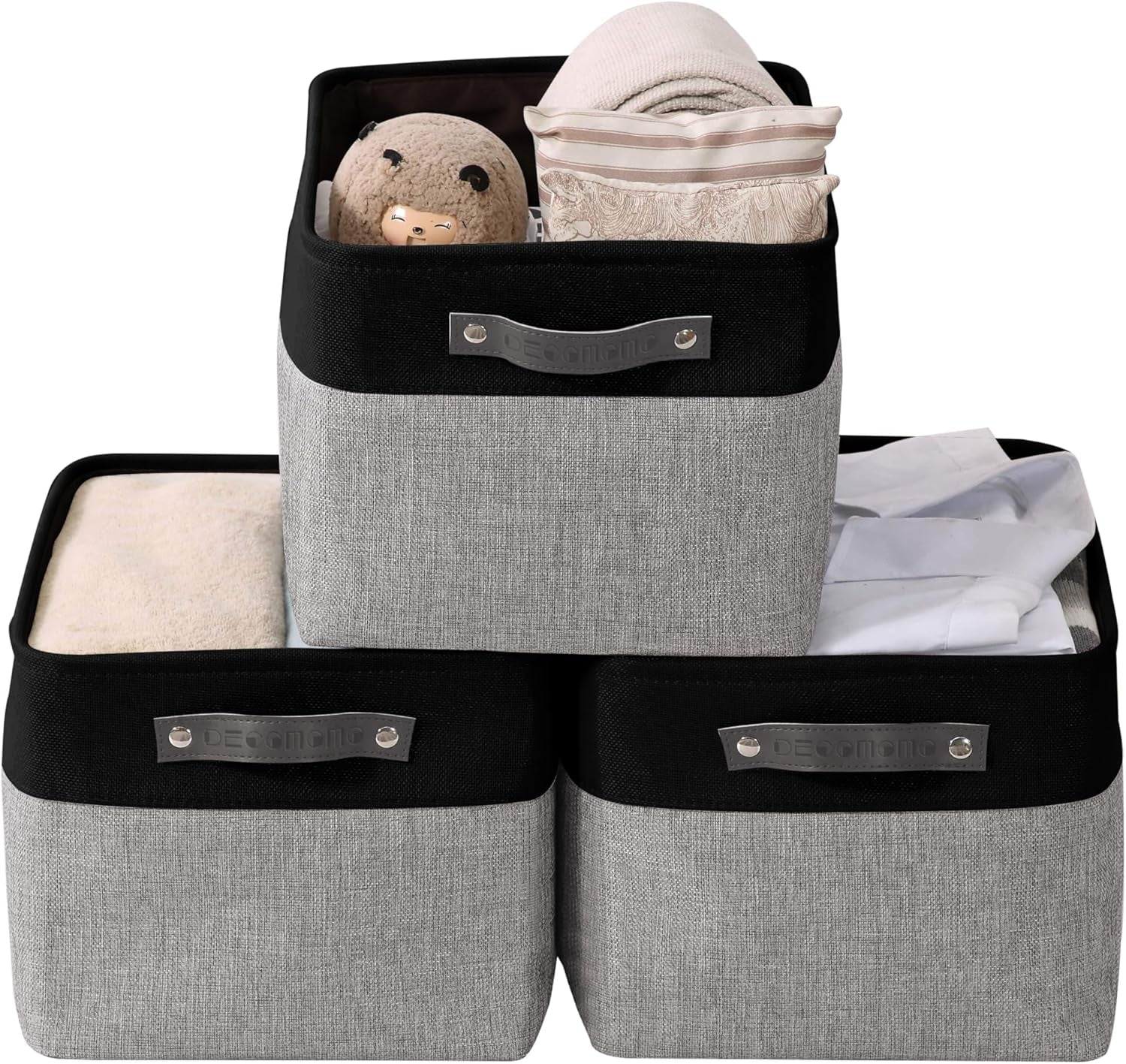 DECOMOMO Storage Bins, Large Fabric Storage Baskets for Shelves, Decorative Linen Closet Organizer, 15 X 11 X 9.5 Inches (Grey & White, 4 Pack)