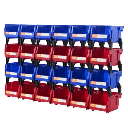 Stack of red and blue storage bins on a white background