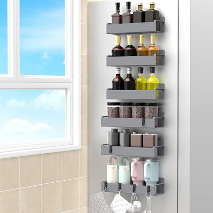 Magnetic fridge spice rack shown installed near the stove