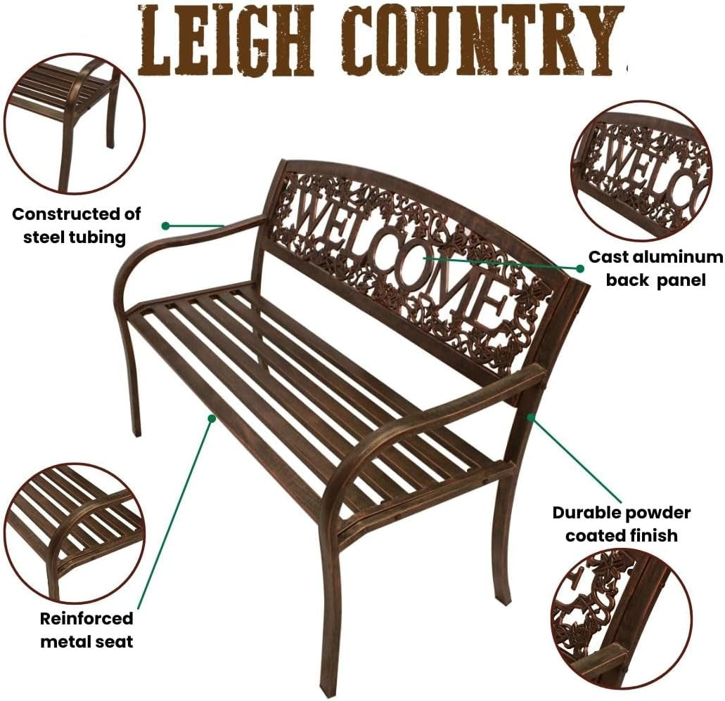 Leigh Country Metal Outdoor Bench, Welcome Design, Decorative Patio Seating for Porch/Deck