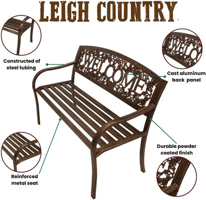 Leigh Country Metal Outdoor Bench, Welcome Design, Decorative Patio Seating for Porch/Deck