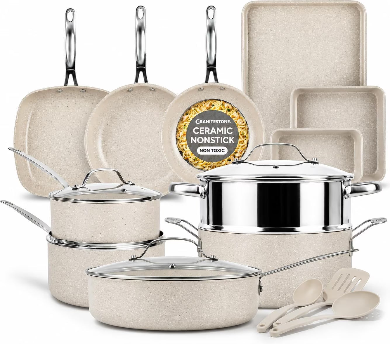 Granitestone 20 Pc Pots and Pans Set Non Stick, Pots and Pans Ceramic Cookware Set with Square Pan, Pot and Pan Set with Bakeware/Utensils, Non Stick Pots and Pan Set, Oven/Dishwasher Safe, Black
