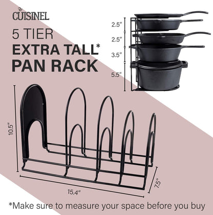 Cuisinel Extra Large 5-Tier Heavy Duty Pots and Pans Organizer - Durable, Space-Saving Rack for Cast Iron Skillets and Dutch Ovens - No Assembly Required - Sleek Black Design