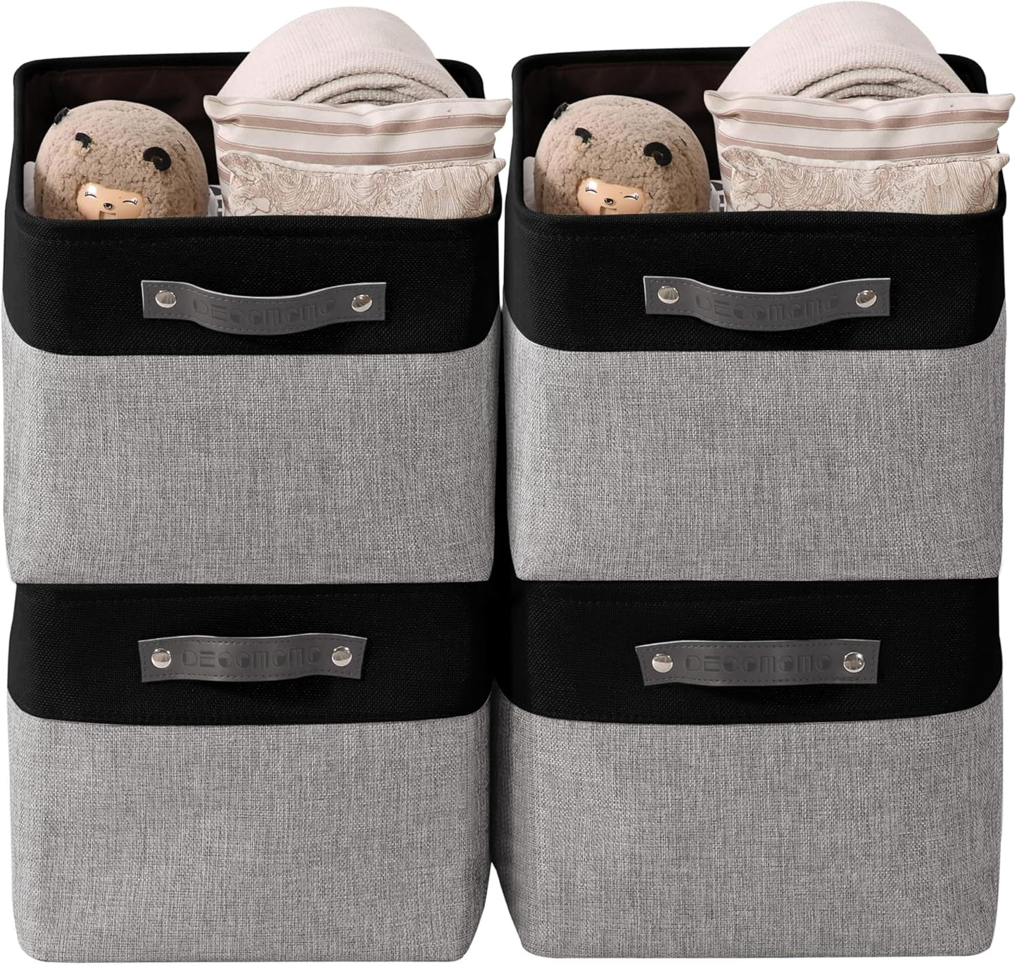 DECOMOMO Storage Bins, Large Fabric Storage Baskets for Shelves, Decorative Linen Closet Organizer, 15 X 11 X 9.5 Inches (Grey & White, 4 Pack)