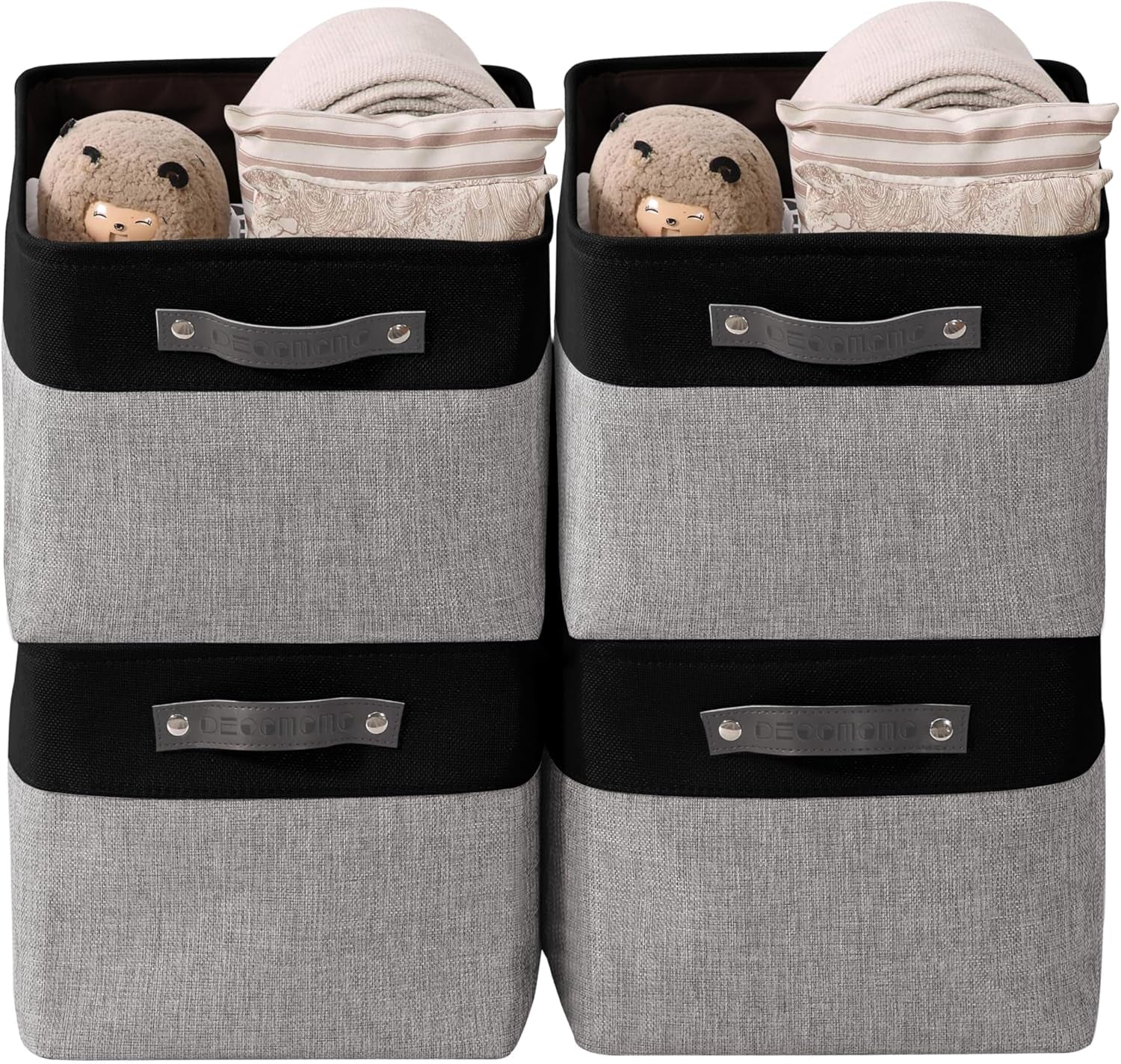 DECOMOMO Storage Bins, Large Fabric Storage Baskets for Shelves, Decorative Linen Closet Organizer, 15 X 11 X 9.5 Inches (Grey & White, 4 Pack)