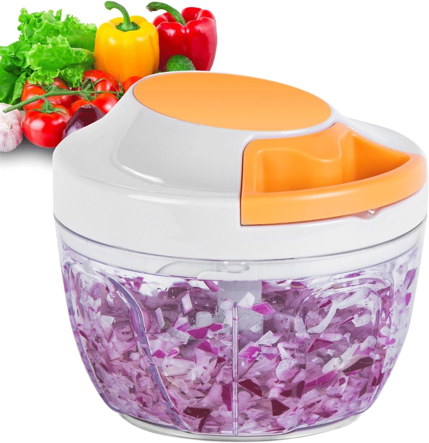Pull-string manual food chopper making salsa