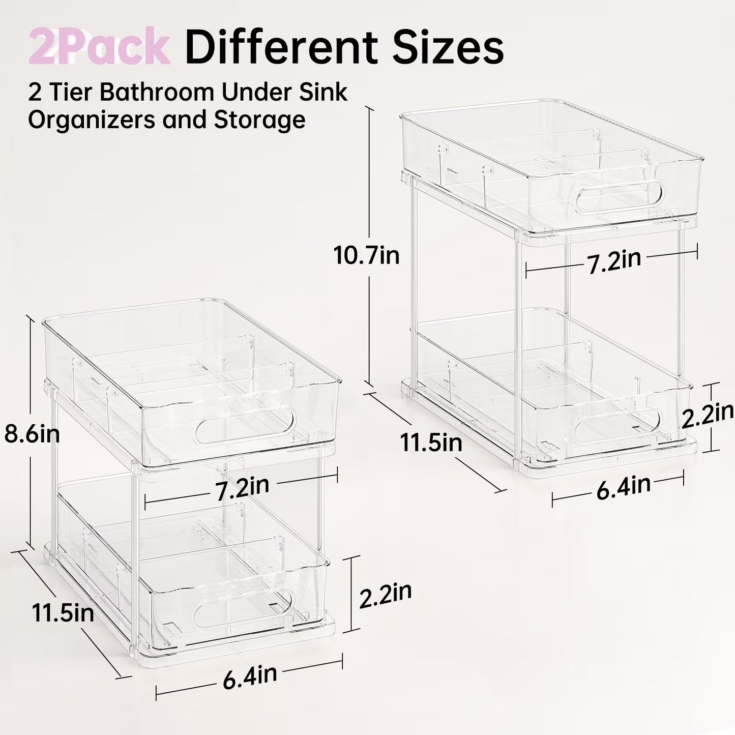 2 Tier Bathroom Storage Organizer, Delamu 2 Pack Clear under Sink Organizers Vanity Countertop Storage, Sliding Cabinet Organizer, Pull-Out Organization for Pantry, Kitchen