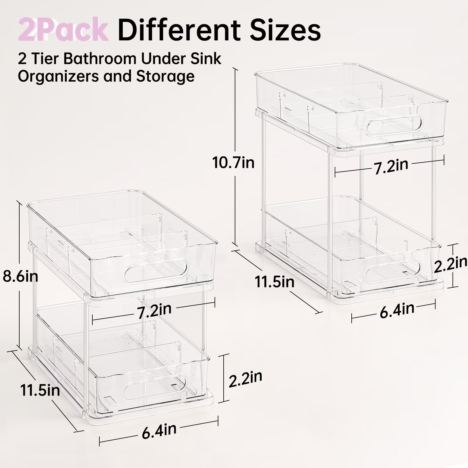 2 Tier Bathroom Storage Organizer, Delamu 2 Pack Clear under Sink Organizers Vanity Countertop Storage, Sliding Cabinet Organizer, Pull-Out Organization for Pantry, Kitchen