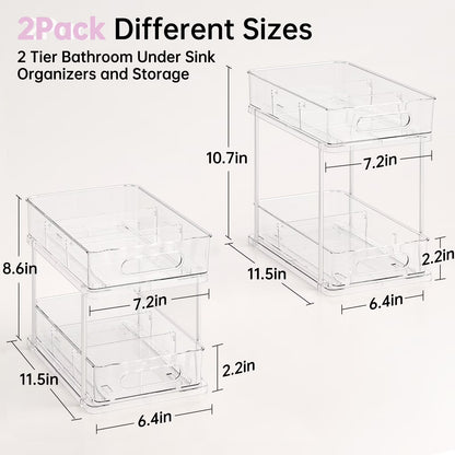 2 Tier Bathroom Storage Organizer, Delamu 2 Pack Clear under Sink Organizers Vanity Countertop Storage, Sliding Cabinet Organizer, Pull-Out Organization for Pantry, Kitchen
