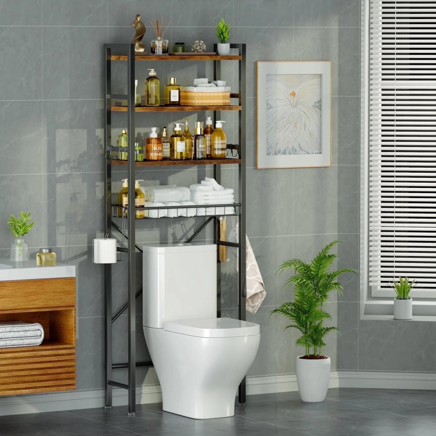 Capri 4-Tier Over-The-Toilet Storage Shelf, Bathroom Organizer Shelf over Toilet, Freestanding Space Saver Rack with Adjustable Shelf and Basket, Rustic Brown