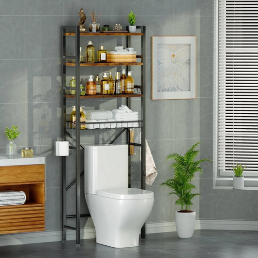 4-Tier Over-The-Toilet Storage Shelf, Bathroom Organizer Shelf over Toilet, Freestanding Space Saver Rack with Adjustable Shelf and Basket, Rustic Brown