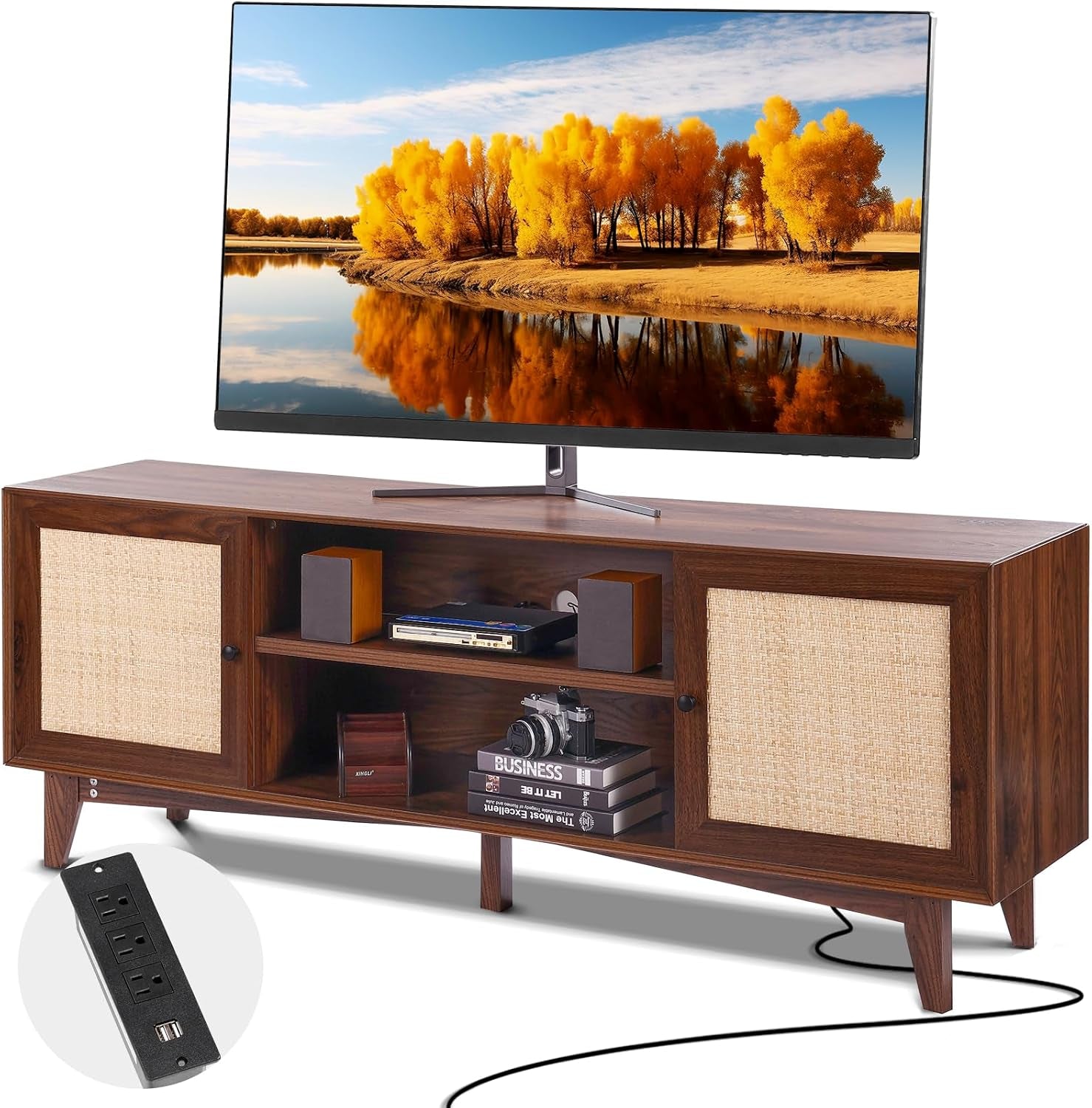 VEVOR Rattan TV Stand, Mid Century Modern TV Stand for 75 Inch TV, Boho Rattan TV Cabinet with Build-In Socket and USB Ports, Adjustable Shelfs for Living Room, Media Room, Oak