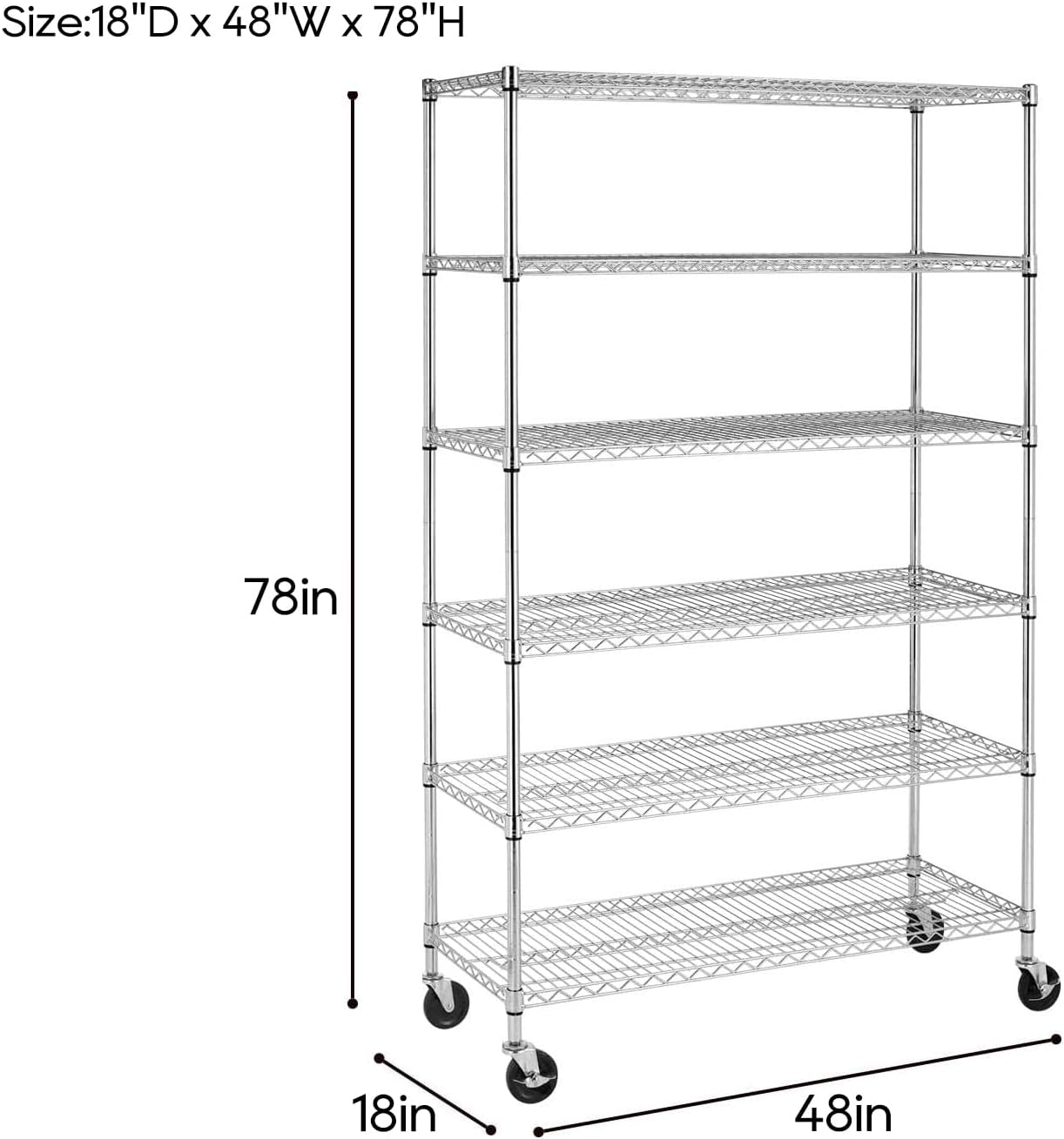 Bestoffice | 6-Tier Wire Storage Shelves with Wheels | 18X48X78 | Chrome | Adjustable Racks | Heavy-Duty Metal Shelf, Holds Upto 600 Lbs | No-Tool Assembly | Ideal for Home & Garage Shelving