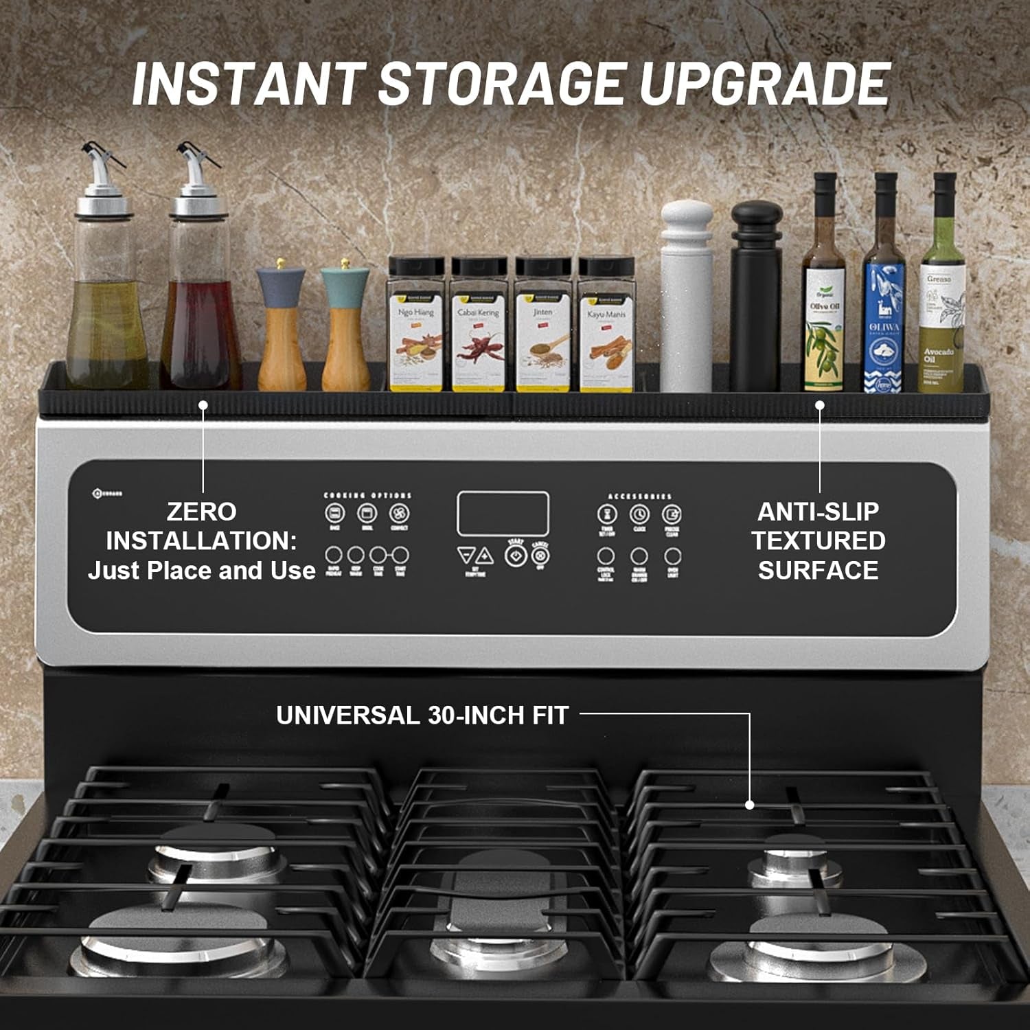 Foeacry 30 Inch Magnetic Stove Top Shelf - Heat Resistant Silicone over the Stove Shelf Spice Rack, No Drill Easy Clean Kitchen Storage Organizer for Small Kitchen, Fits Gas & Electric Stoves