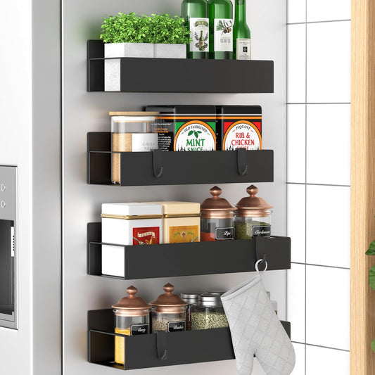 Metal 4 Pack Magnetic Spice Storage Rack Organizer for Refrigerator and Oven, Black Fridge Organizers and Storage, Metal