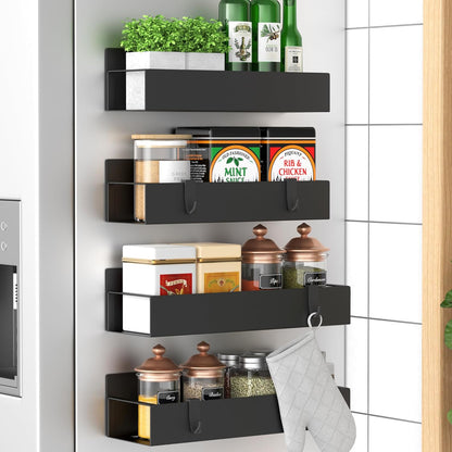 Huggiegems Metal 4 Pack Magnetic Spice Storage Rack Organizer for Refrigerator and Oven, Black Fridge Organizers and Storage, Metal