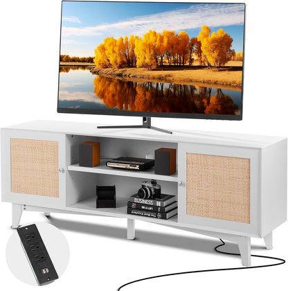 VEVOR Rattan TV Stand, Mid Century Modern TV Stand for 75 Inch TV, Boho Rattan TV Cabinet with Build-In Socket and USB Ports, Adjustable Shelfs for Living Room, Media Room, Oak