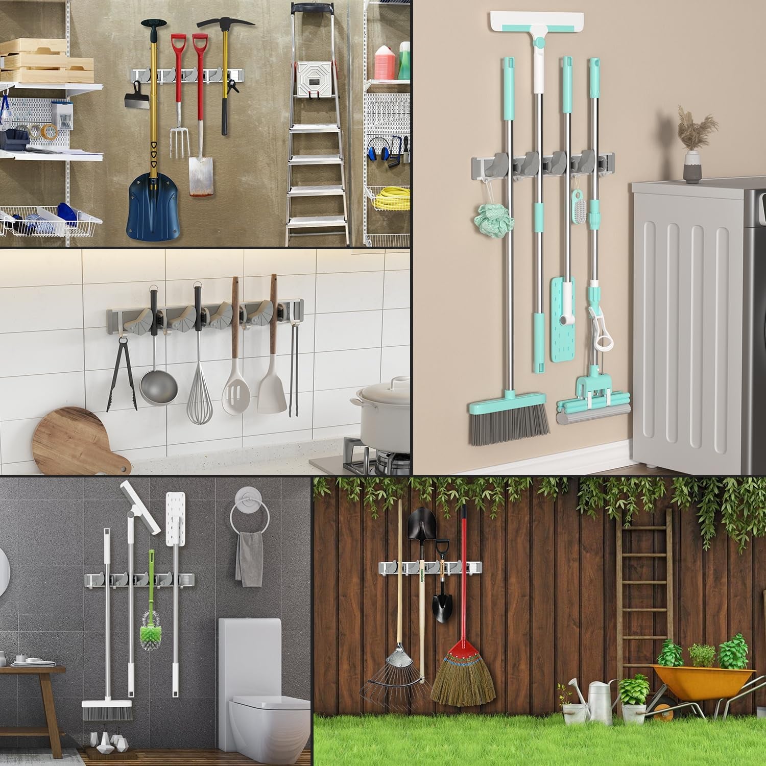 Holikme Wall Mount Mop and Broom Holder - 4 Hook Metal Organizer for Kitchen and Garden Storage, Silver