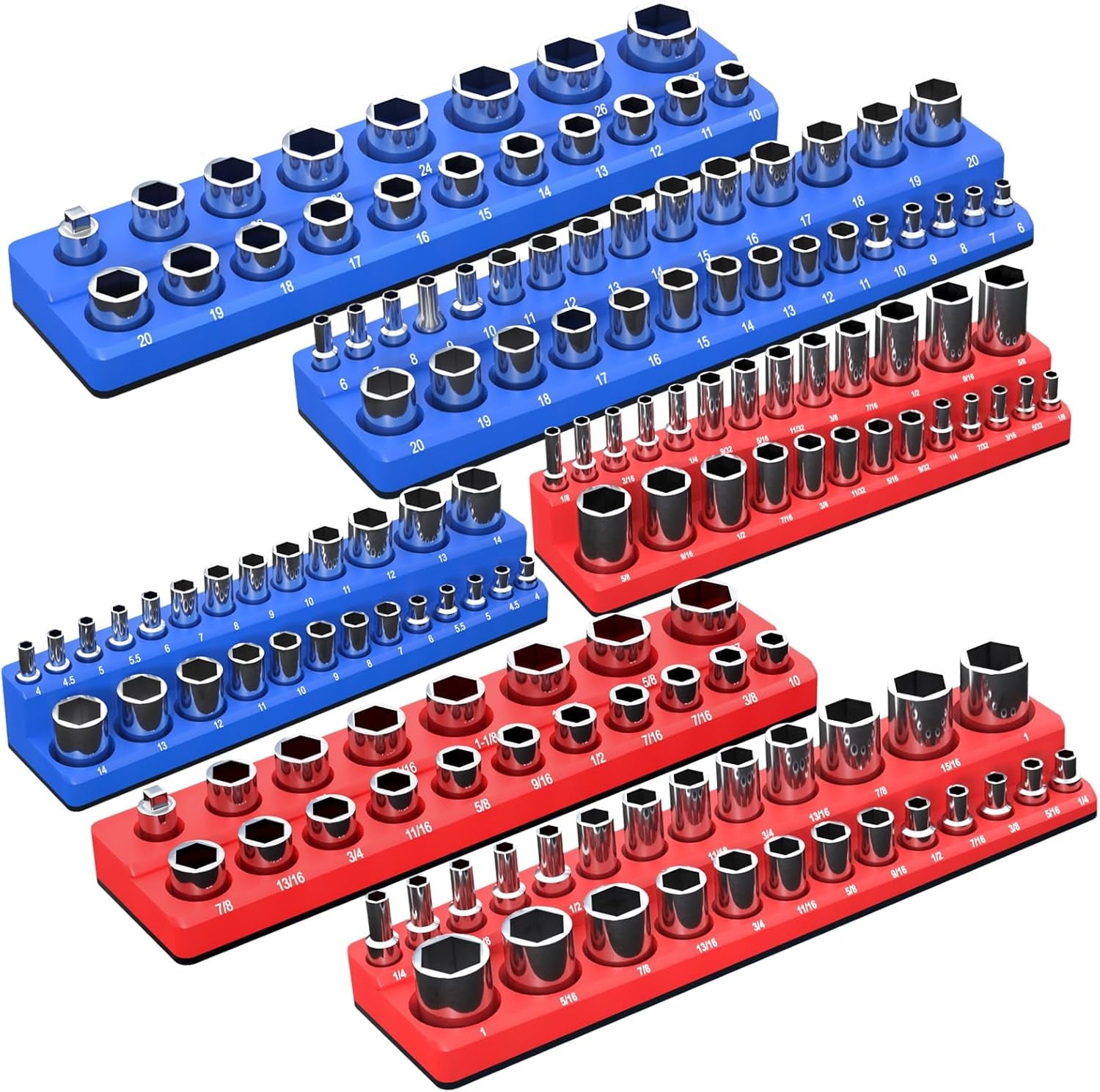 Magnetic socket organizer mounted on a steel cabinet wall