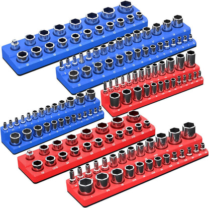 Magnetic socket organizer mounted on a steel cabinet wall