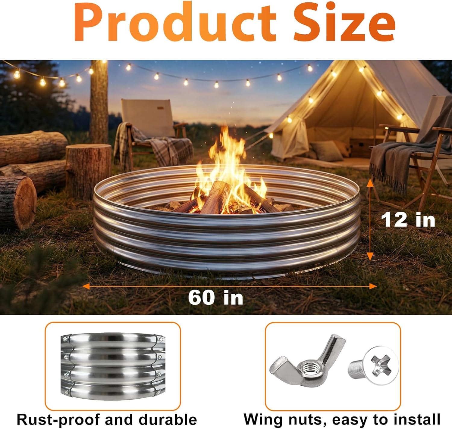 Fire Pit Ring for outside Wood Burning, 60In Outdoor Fire Pit, Heavy Duty Steel Burn Pit for Backyard, Camping, Bonfire, Modern Style Large Metal Fire Pit Ring