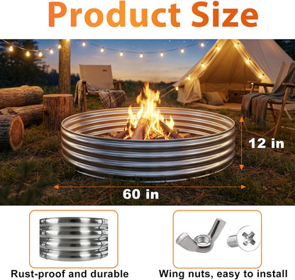 Fire Pit Ring for outside Wood Burning, 60In Outdoor Fire Pit, Heavy Duty Steel Burn Pit for Backyard, Camping, Bonfire, Modern Style Large Metal Fire Pit Ring