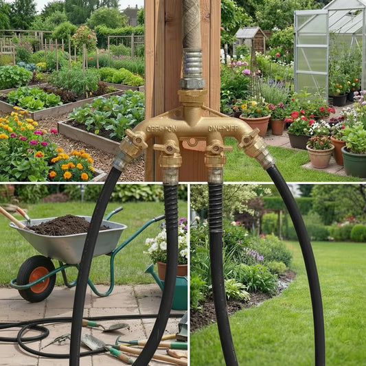 Collage of gardening activities with a focus on a brass garden faucet and hoses.