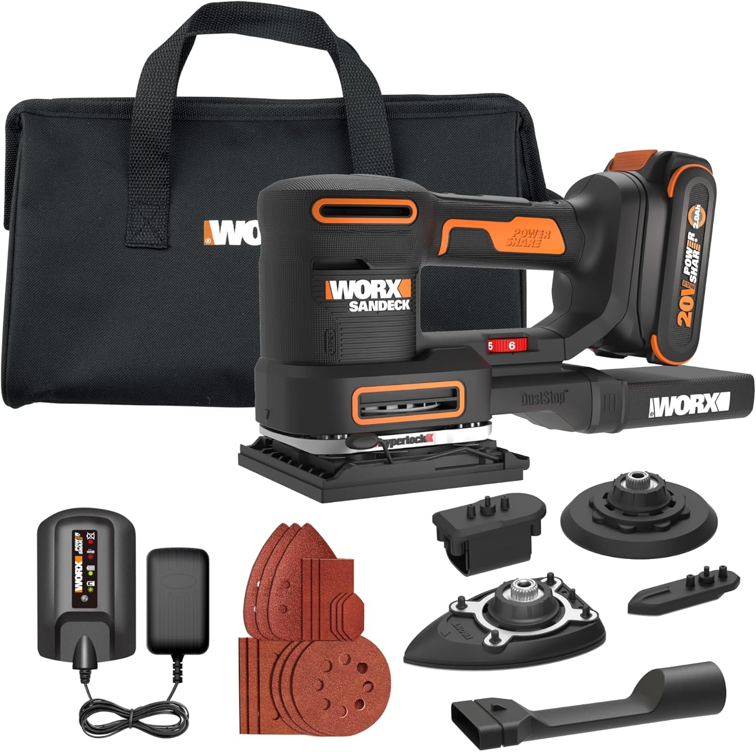 WORX Cordless Sander, 20V 10,000 Orbits/Minute Electric Sander, 5-In-1 Functions, Tool-Less Sanding Pad Change, Tool Only, Powershare