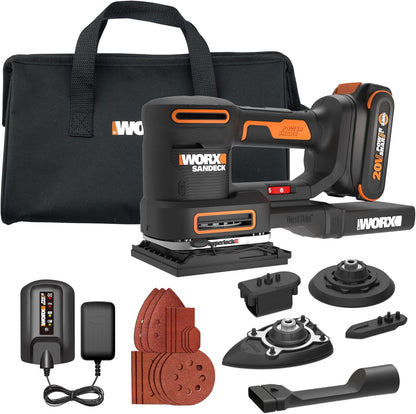 WORX Cordless Sander, 20V 10,000 Orbits/Minute Electric Sander, 5-In-1 Functions, Tool-Less Sanding Pad Change, Tool Only, Powershare