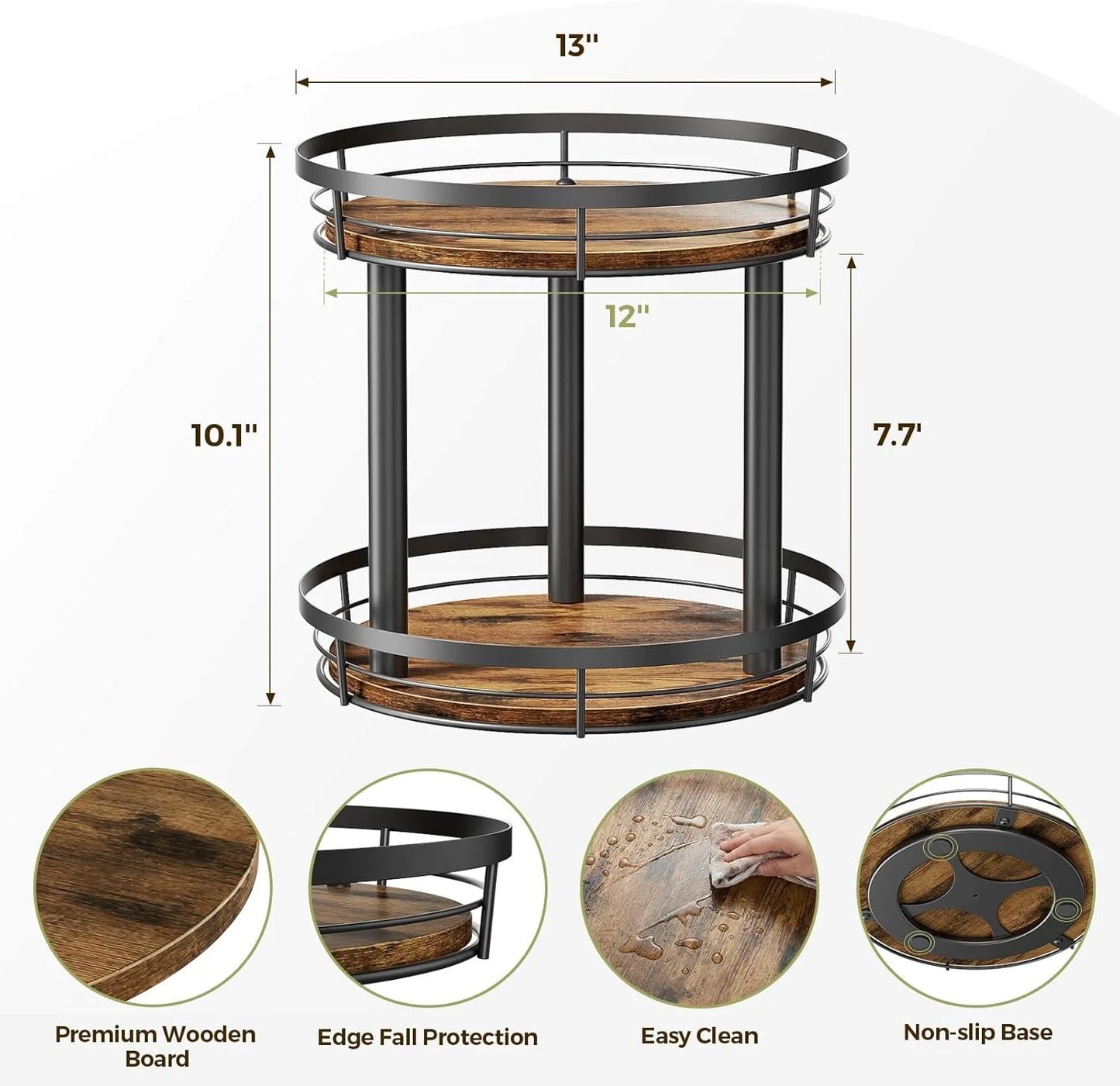 LAMU 12" Lazy Susans Turntable Organizer 2 Tier for Cabinet Pantry Kitchen Countertop Refrigerator Cupboard, Carbonized Wood Black