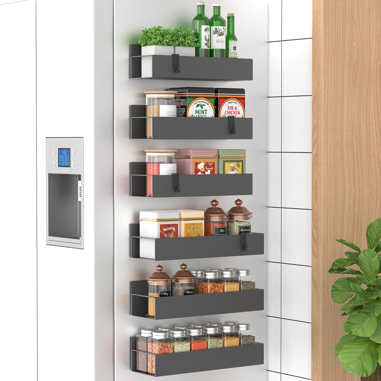 Huggiegems Metal 4 Pack Magnetic Spice Storage Rack Organizer for Refrigerator and Oven, Black Fridge Organizers and Storage, Metal