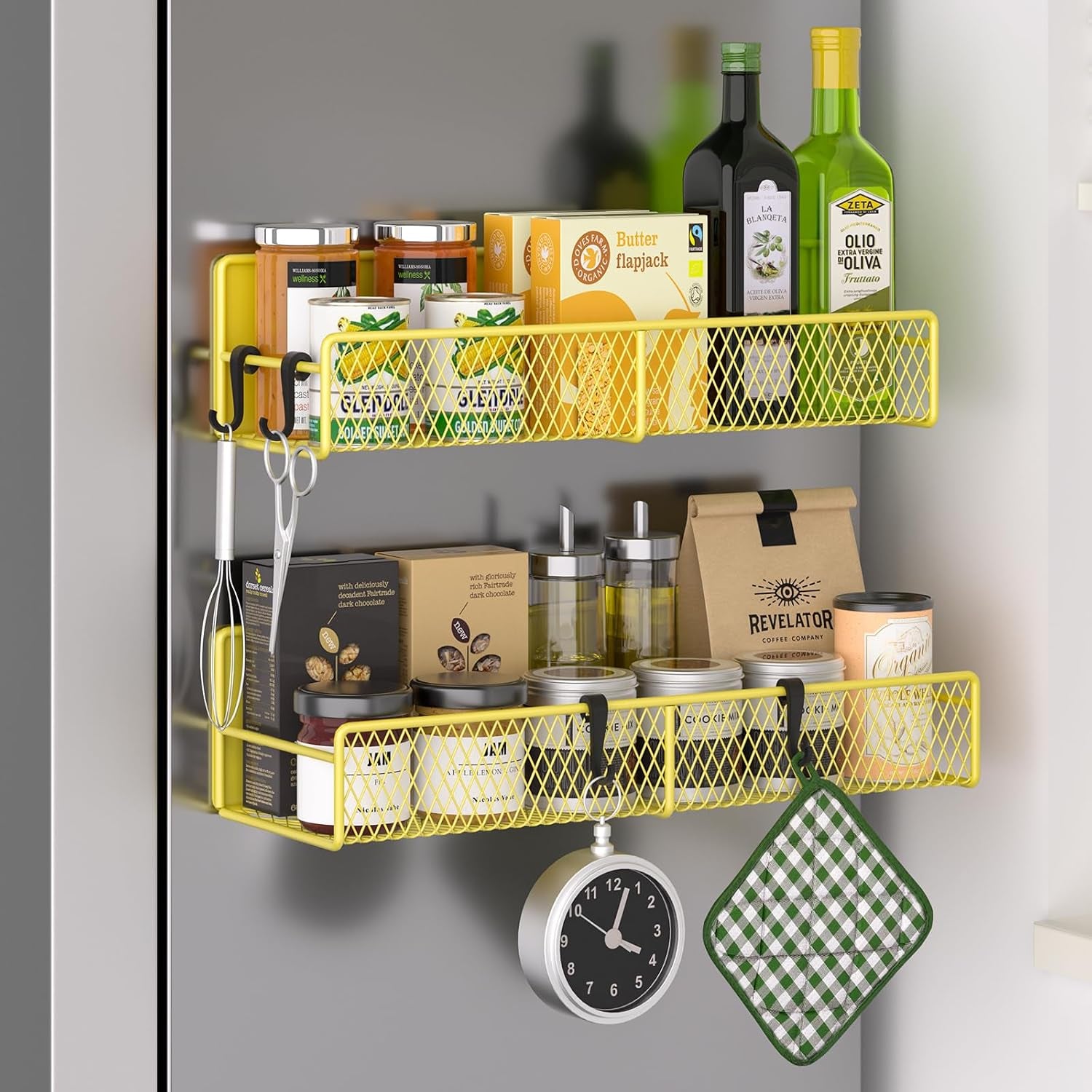 Magnetic spice rack shelf shown in a laundry room