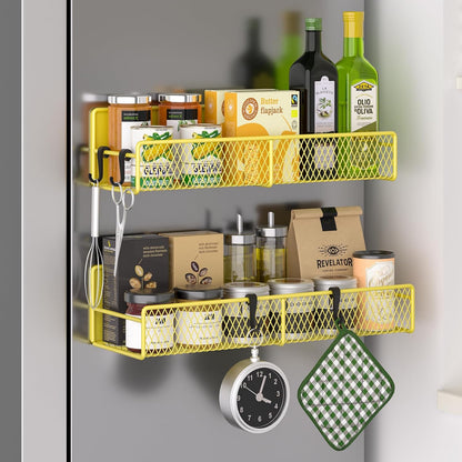 Magnetic spice rack shelf shown in a laundry room
