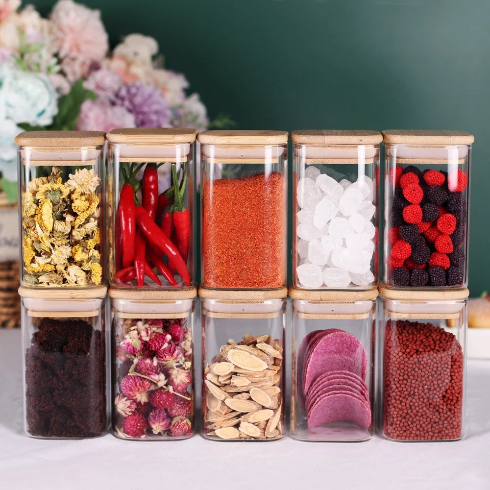 Set of 10 Premium 8Oz Clear Glass Spice Jars with Bamboo Airtight Lids and Labels - Stylish Square Food Storage Canisters