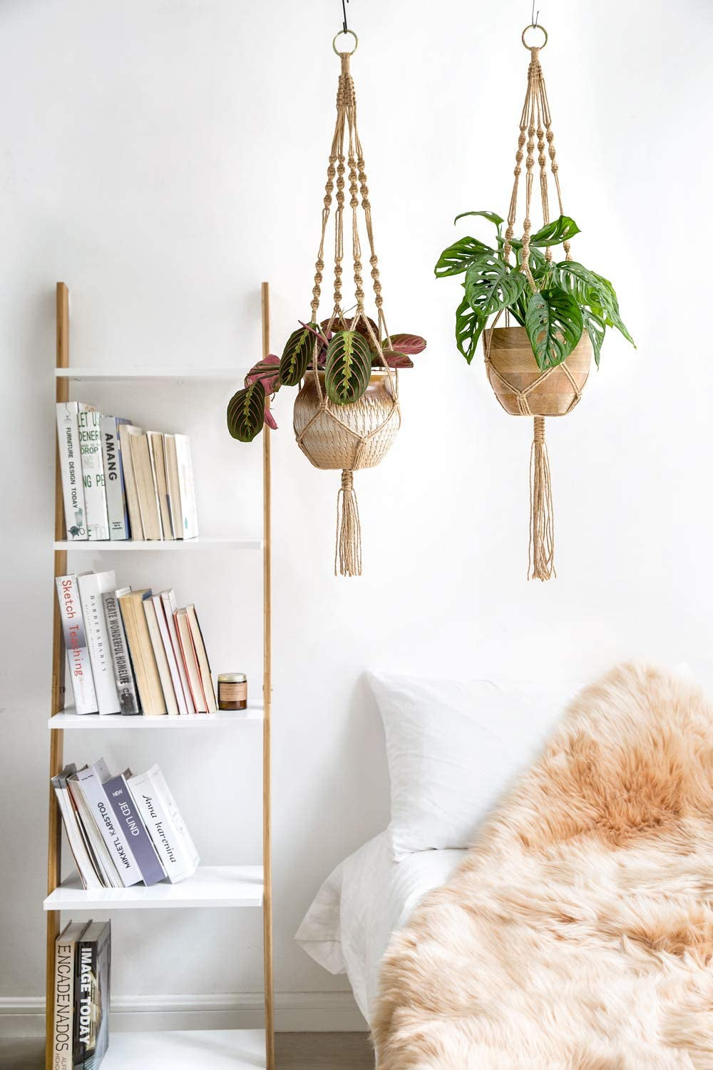 Mkono Set of 2 Macrame Plant Hangers - 40 Inch Decorative Jute Rope Indoor/Outdoor Flower Pot Holders with 4 Legs, Brown
