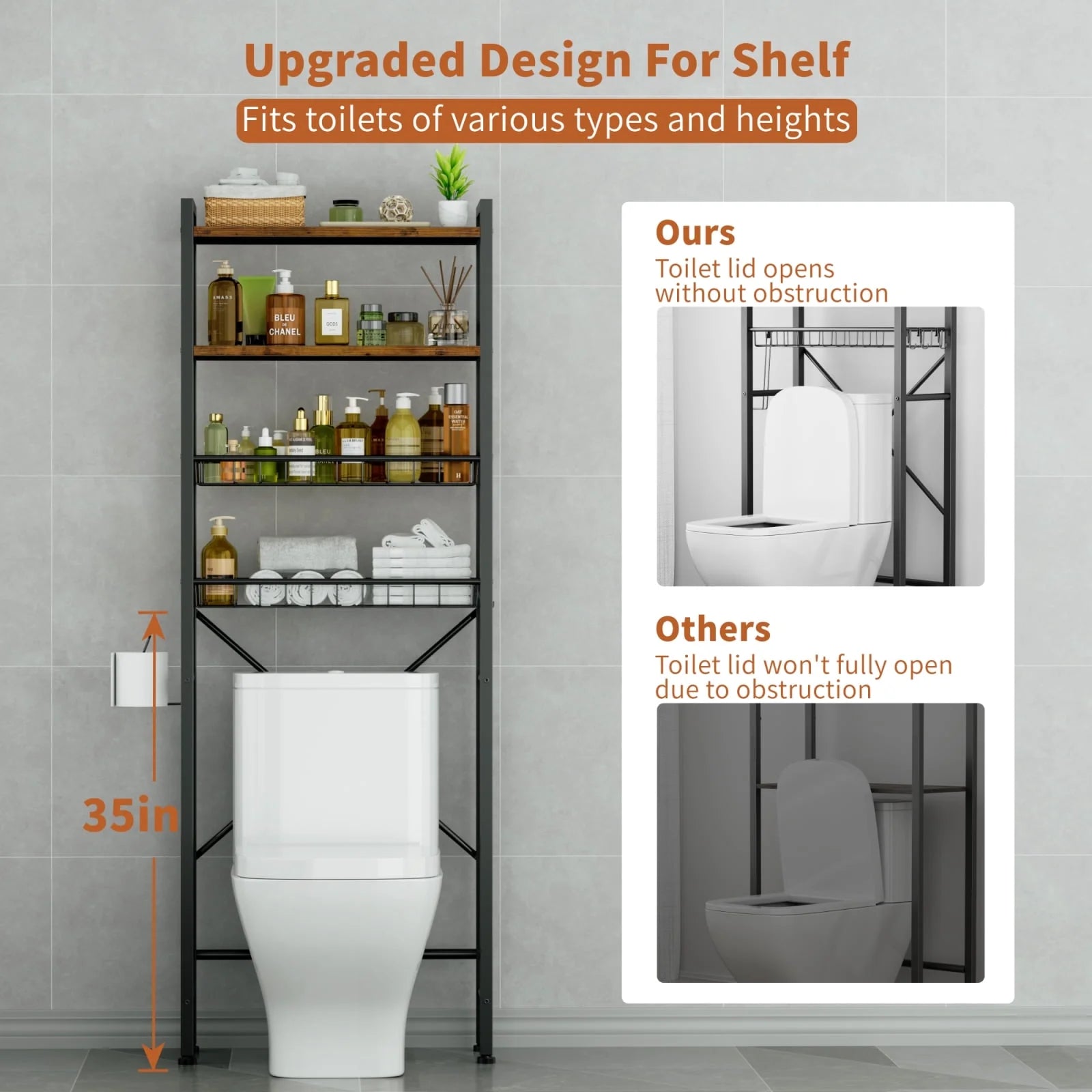 Capri 4-Tier Over-The-Toilet Storage Shelf, Bathroom Organizer Shelf over Toilet, Freestanding Space Saver Rack with Adjustable Shelf and Basket, Rustic Brown