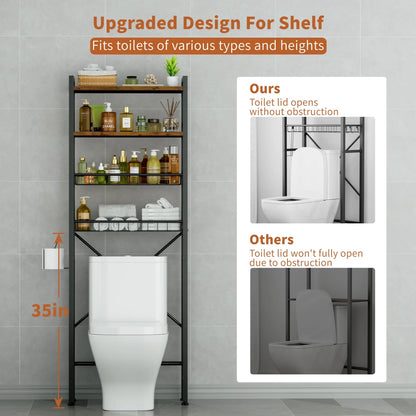 Capri 4-Tier Over-The-Toilet Storage Shelf, Bathroom Organizer Shelf over Toilet, Freestanding Space Saver Rack with Adjustable Shelf and Basket, Rustic Brown
