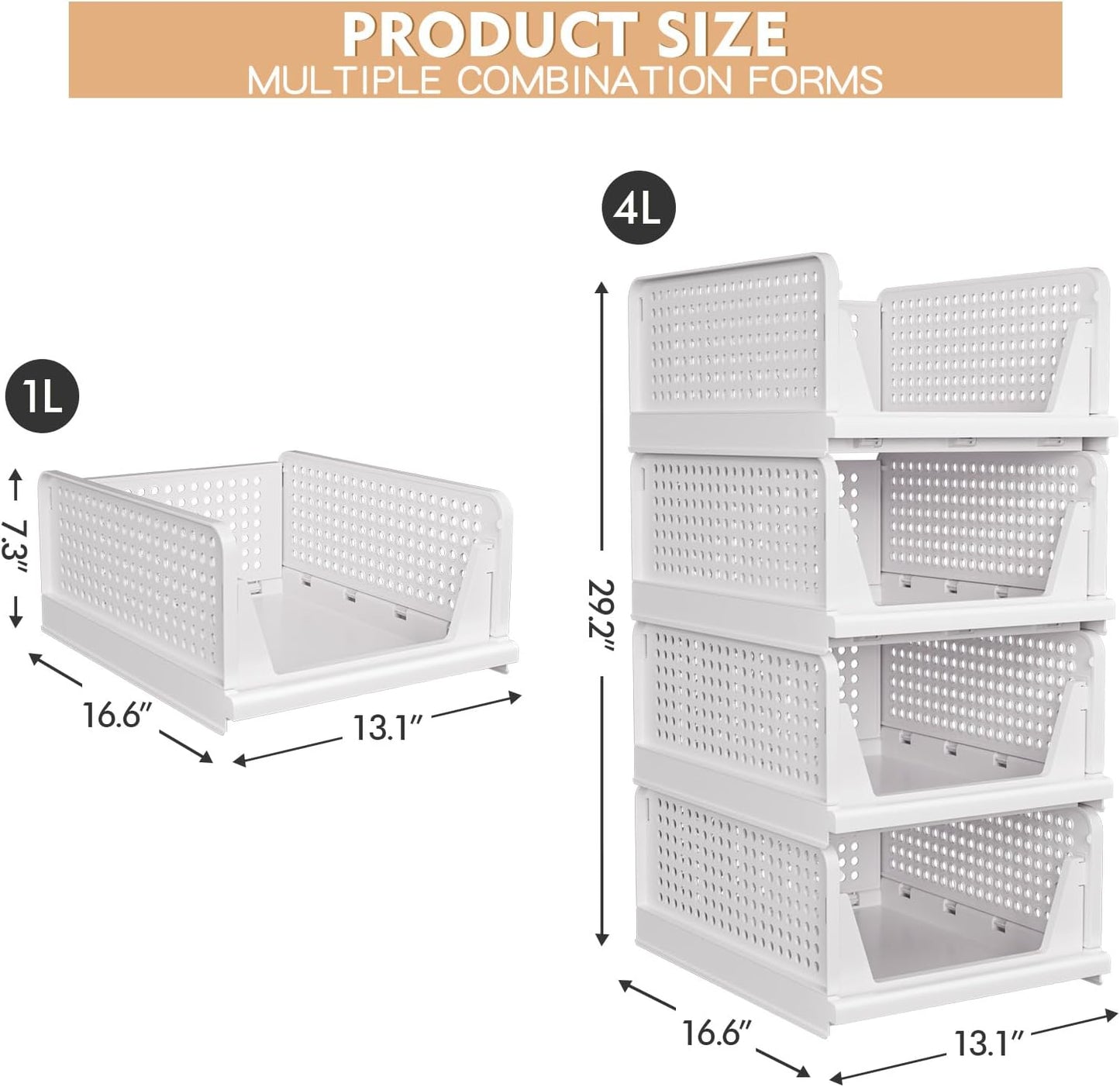 Caktraie 4 Pack Stackable Closet Storage Basket - Stackable Storage Bins, Multifunctional & Foldable Closet Organizer Divided, Wardrobe Cupboard Space-Saving Clothes Storage Hat Organizer, White