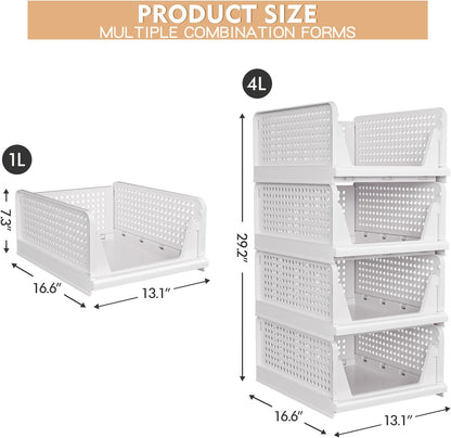 Caktraie 4 Pack Stackable Closet Storage Basket - Stackable Storage Bins, Multifunctional & Foldable Closet Organizer Divided, Wardrobe Cupboard Space-Saving Clothes Storage Hat Organizer, White