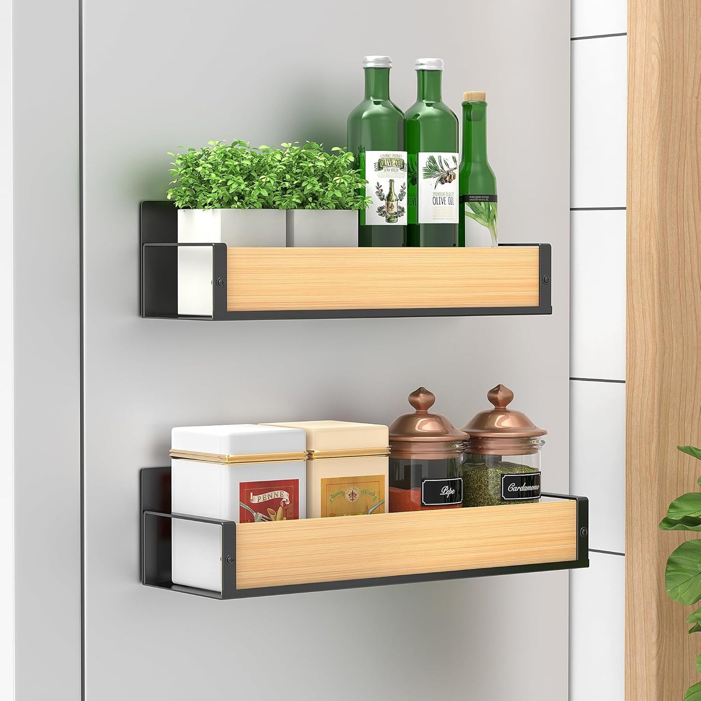 Huggiegems Metal 4 Pack Magnetic Spice Storage Rack Organizer for Refrigerator and Oven, Black Fridge Organizers and Storage, Metal