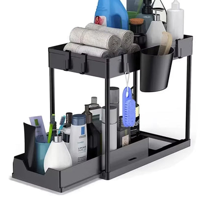 2 Tier under Sink Sliding Storage Basket Multifunctional Organizer Rack with Hooks Hanging Cup Space-Saving for Bathroom Kitchen